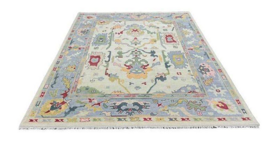Hand Knotted Oushak Rug – Pastel Blue Ivory Turkish Wool Carpet | Soft Vintage Style Area Rug