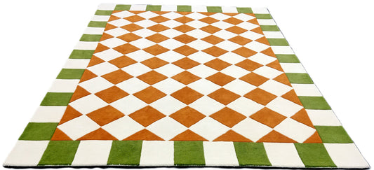 Checkered Area Rug with Green Border – Modern Hand-Tufted Carpet in Orange & White Diamond Pattern for Living Room, Dining Room & Contemporary Home Décor