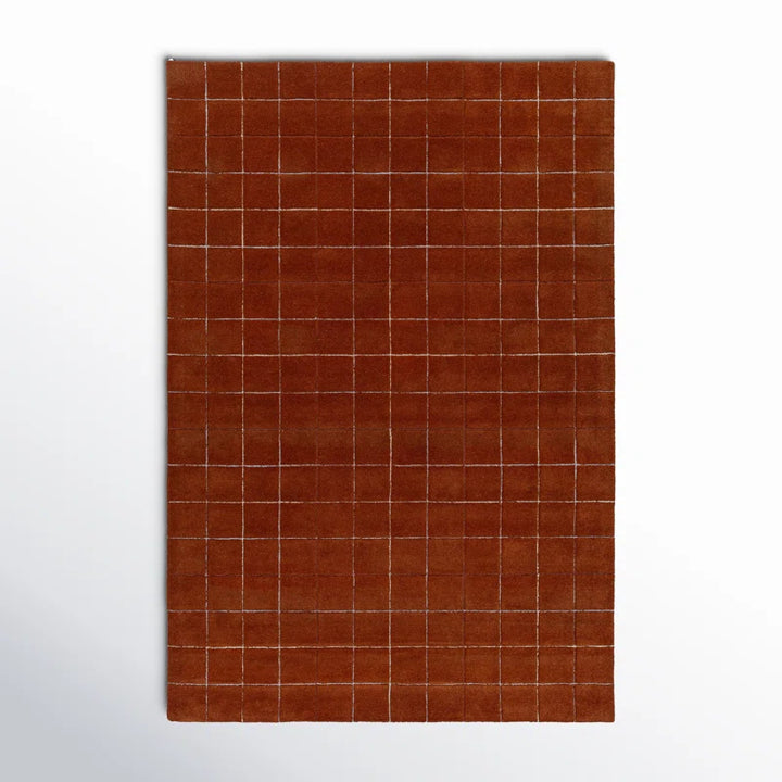 Modern Hand-Tufted Terracotta Wool Rug | Small Grid Pattern for Contemporary & Minimalist Spaces