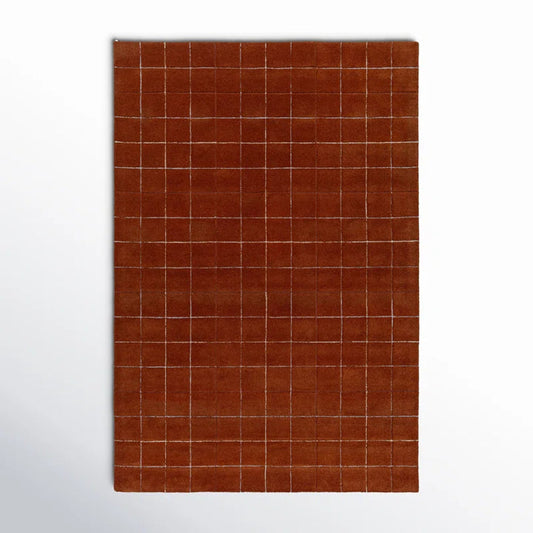 Modern Hand-Tufted Terracotta Wool Rug | Small Grid Pattern for Contemporary & Minimalist Spaces
