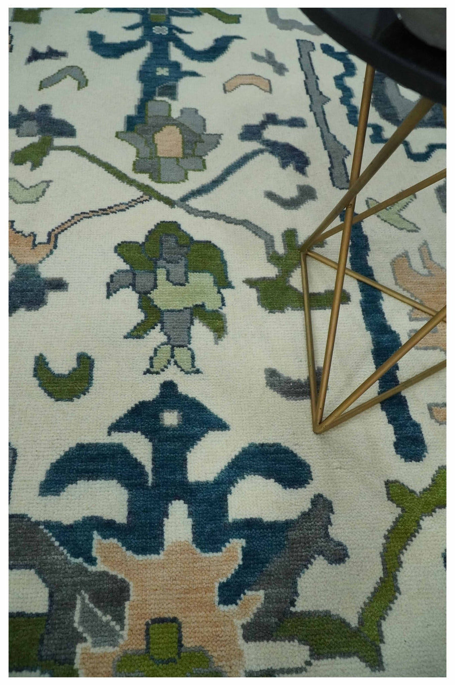 Handknotted Oushak Rug – Genuine Turkish Wool Oriental Carpet | Modern Blue & Green Floral Design