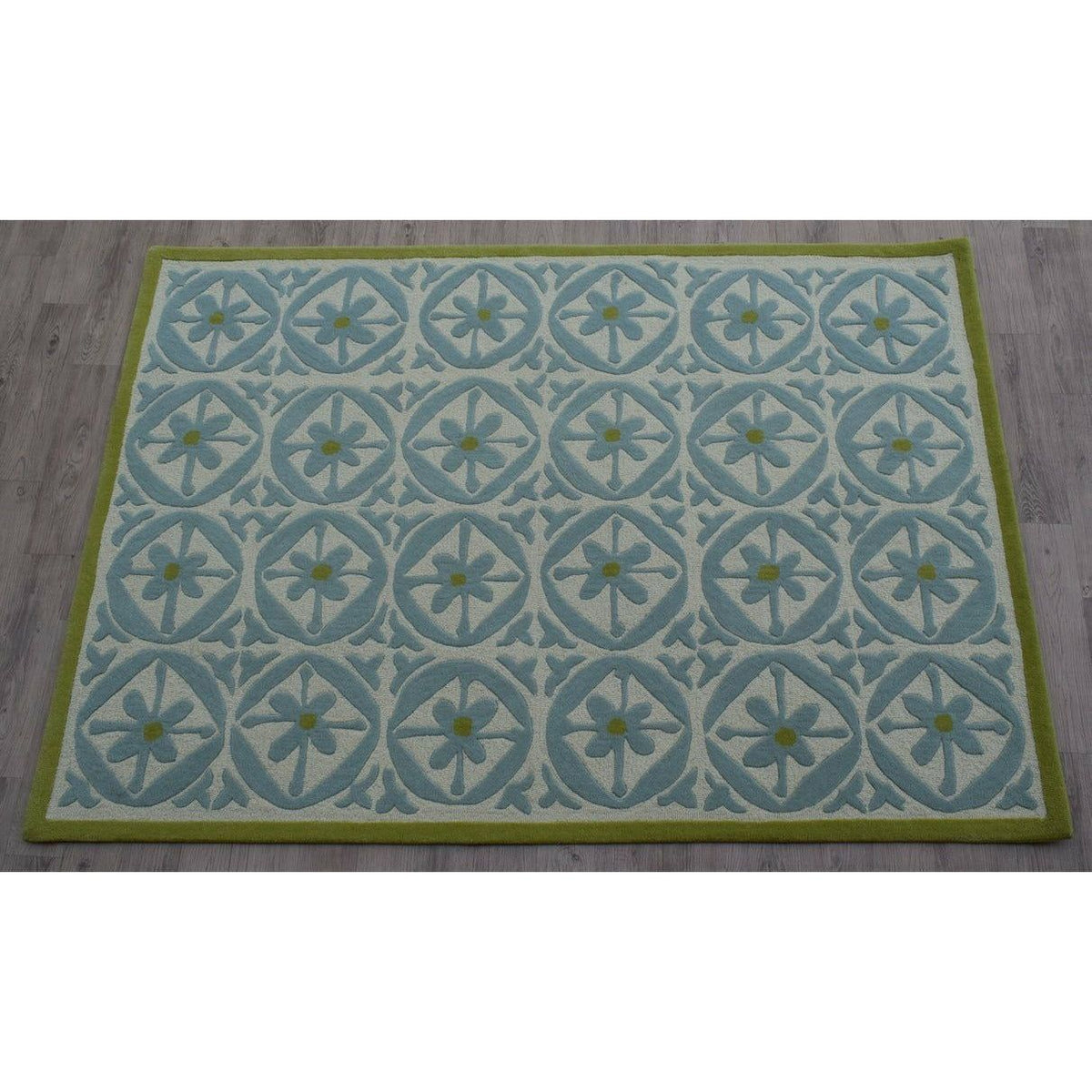 Hand-Tufted Blue & Green Wool Rug – Modern Moroccan Tile Pattern Area Carpet for Living Room, Bedroom & Home Décor