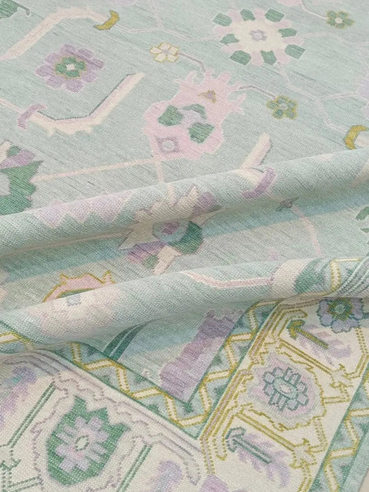 Hand Knotted Oushak Rug – Aqua Blue Pastel Turkish Wool Vintage Area Carpet