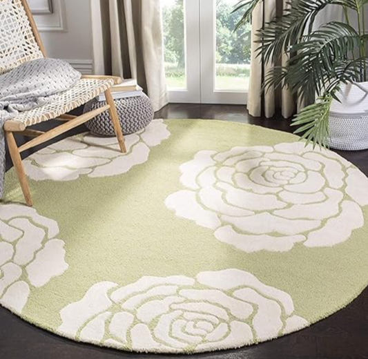 Round Green Floral Area Rug – Soft Botanical Rose Pattern Carpet for Living Room, Bedroom, or Cozy Corner Decor