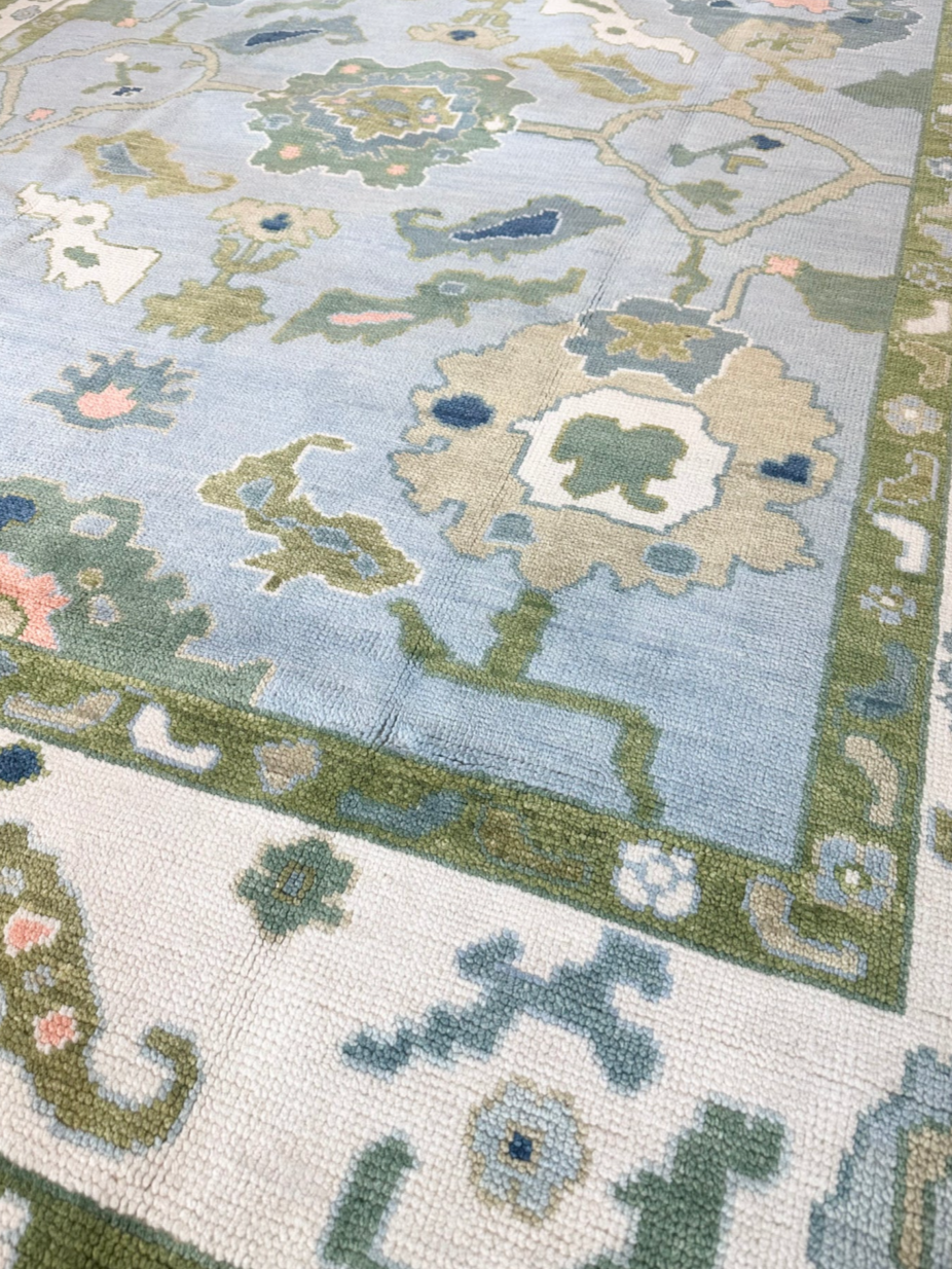 Hand Knotted Oushak Rug – Soft Pastel Blue & Green Turkish Style Area Carpet | Traditional Wool Oriental Rug