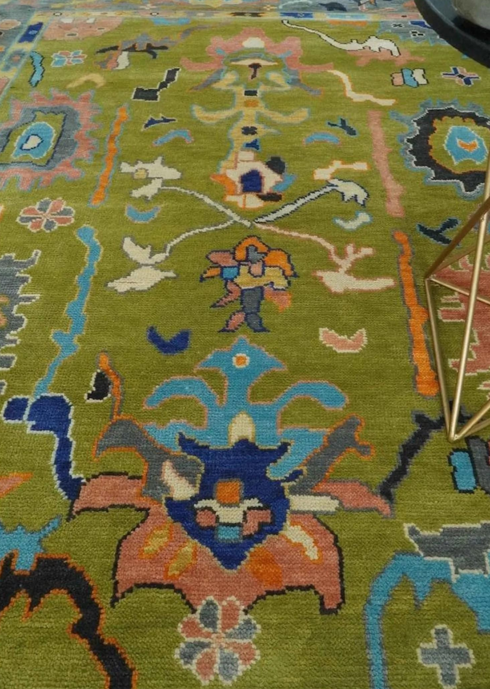 Hand-Knotted Oushak Rug – Olive Green Wool Area Rug with Colorful Tribal Motifs, Turkish Oriental Design