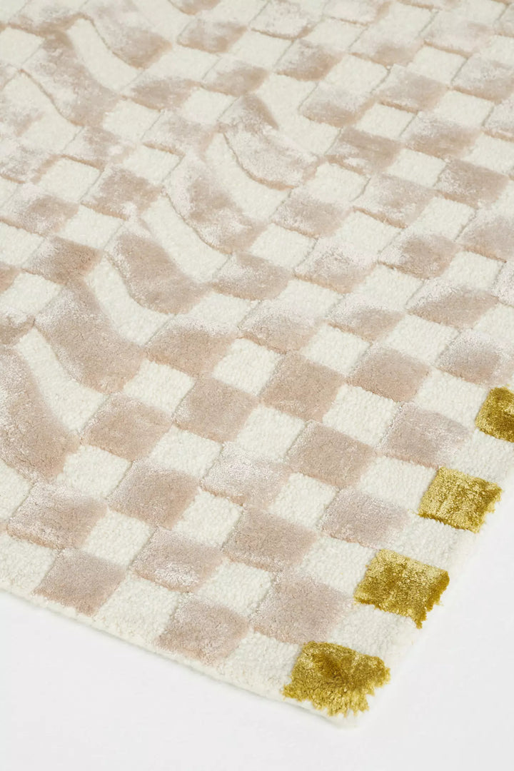 Modern Neutral Hand Tufted Wool Area Rug – Beige & Ivory Checkered Geometric Carpet, Contemporary Minimalist Handmade Rug for Living Room, Bedroom & Dining Room