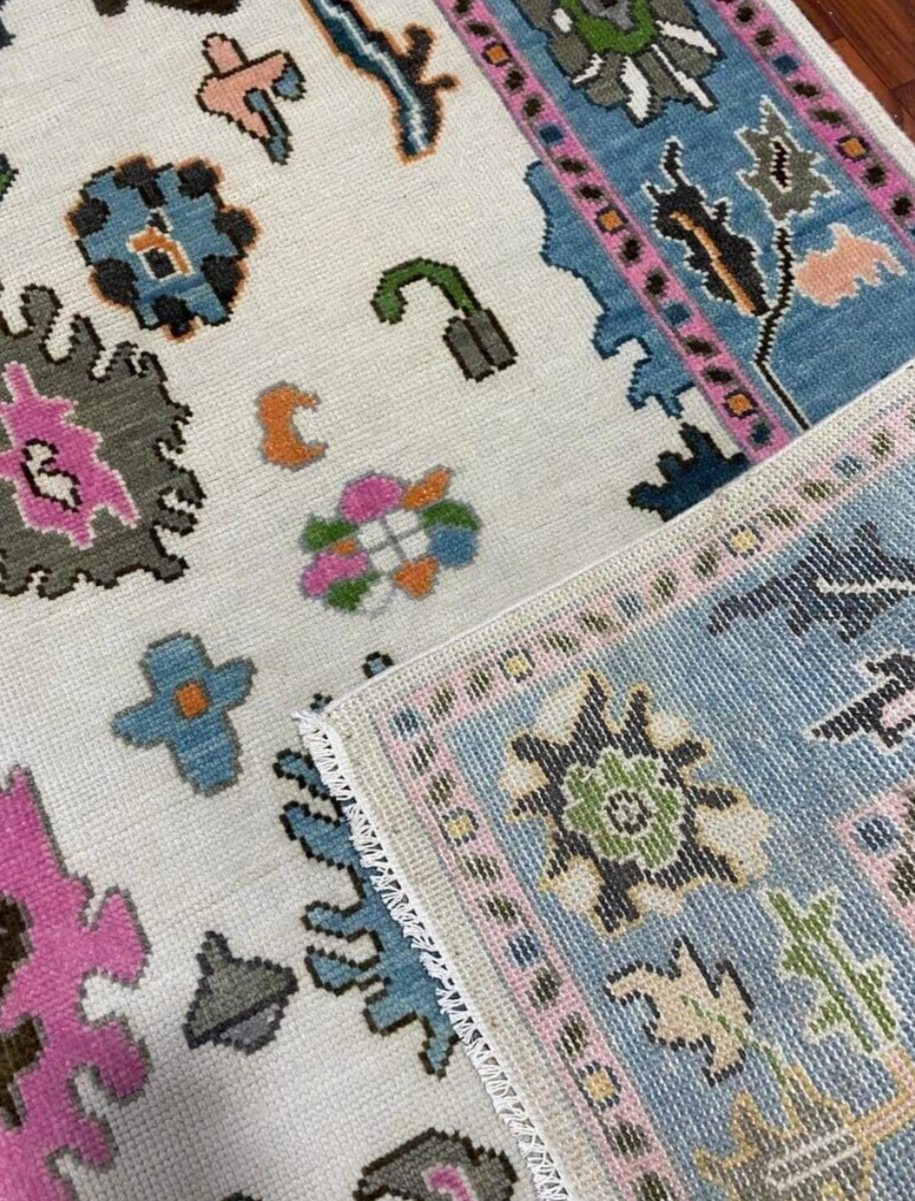Hand Knotted Oushak Rug – Modern Turkish Wool Area Rug | Blue & Pink Oriental Carpet, Bohemian Floral Design for Living Room or Bedroom