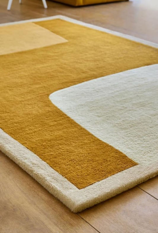 Modern Mustard and Cream Abstract Area Rug – Hand-Tufted Wool Carpet for Living Room, Bedroom or Office Decor