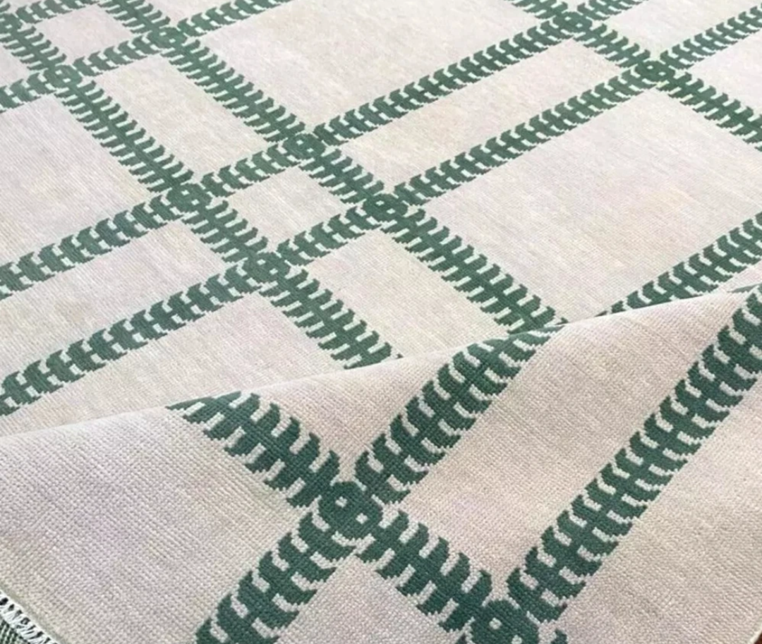 Modern Hand Knotted Oushak Rug – Green Lattice Wool Area Carpet | Cream Geometric Turkish Design