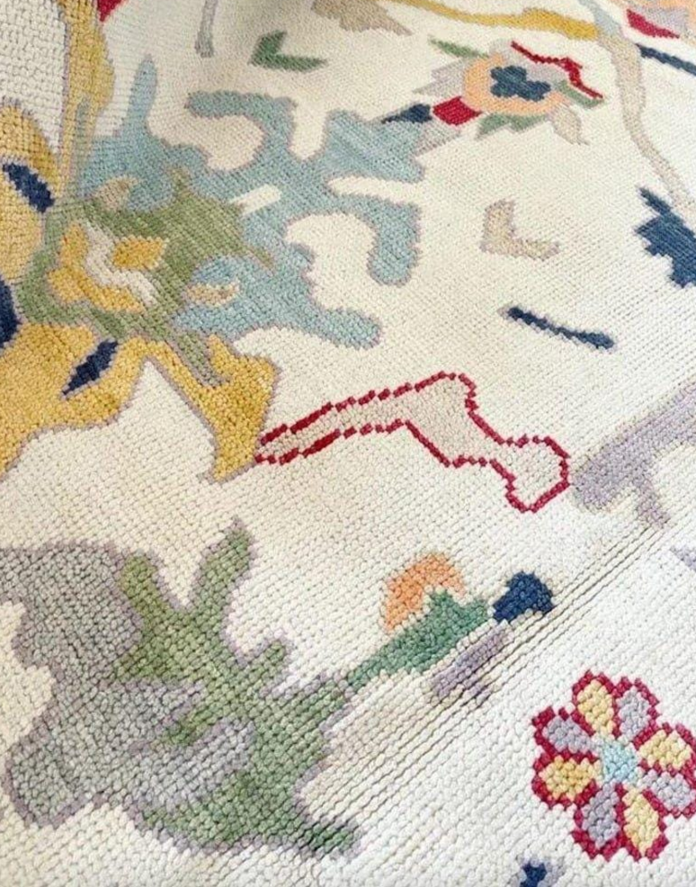 Hand Knotted Oushak Rug – Pastel Blue Ivory Turkish Wool Carpet | Soft Vintage Style Area Rug