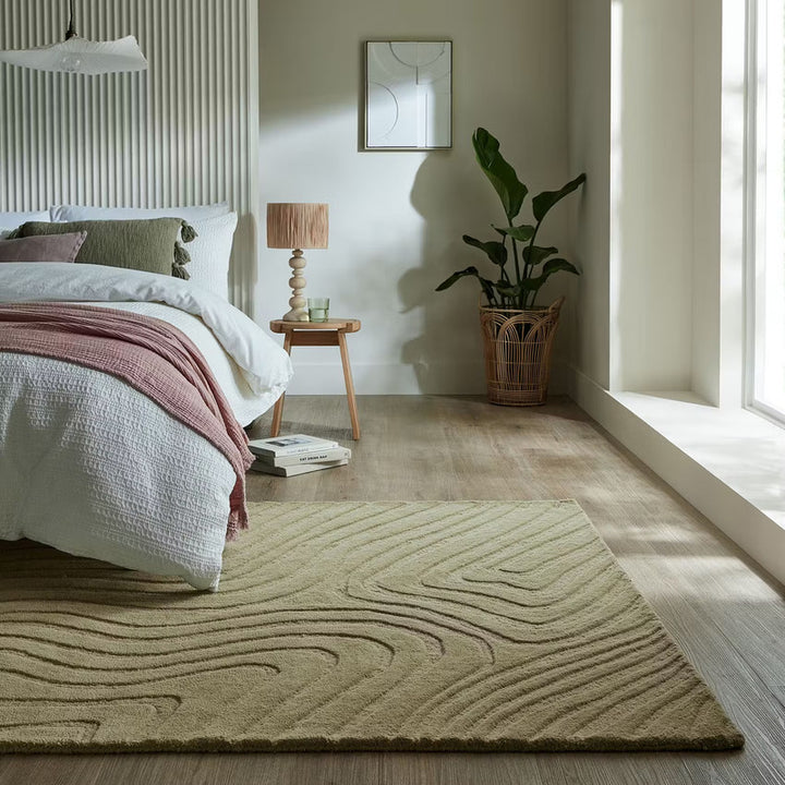Modern Beige Textured Rug – Hand-Tufted Abstract Wave Pattern Carpet for Living Room, Bedroom & Office Décor
