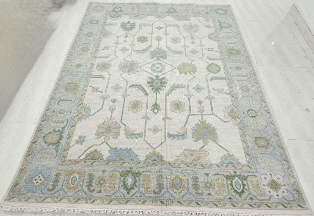 Handknotted Oushak Rug – Ivory Blue Green Turkish Area Rug, Traditional Handmade Wool Rug, Elegant Neutral Boho Home Decor