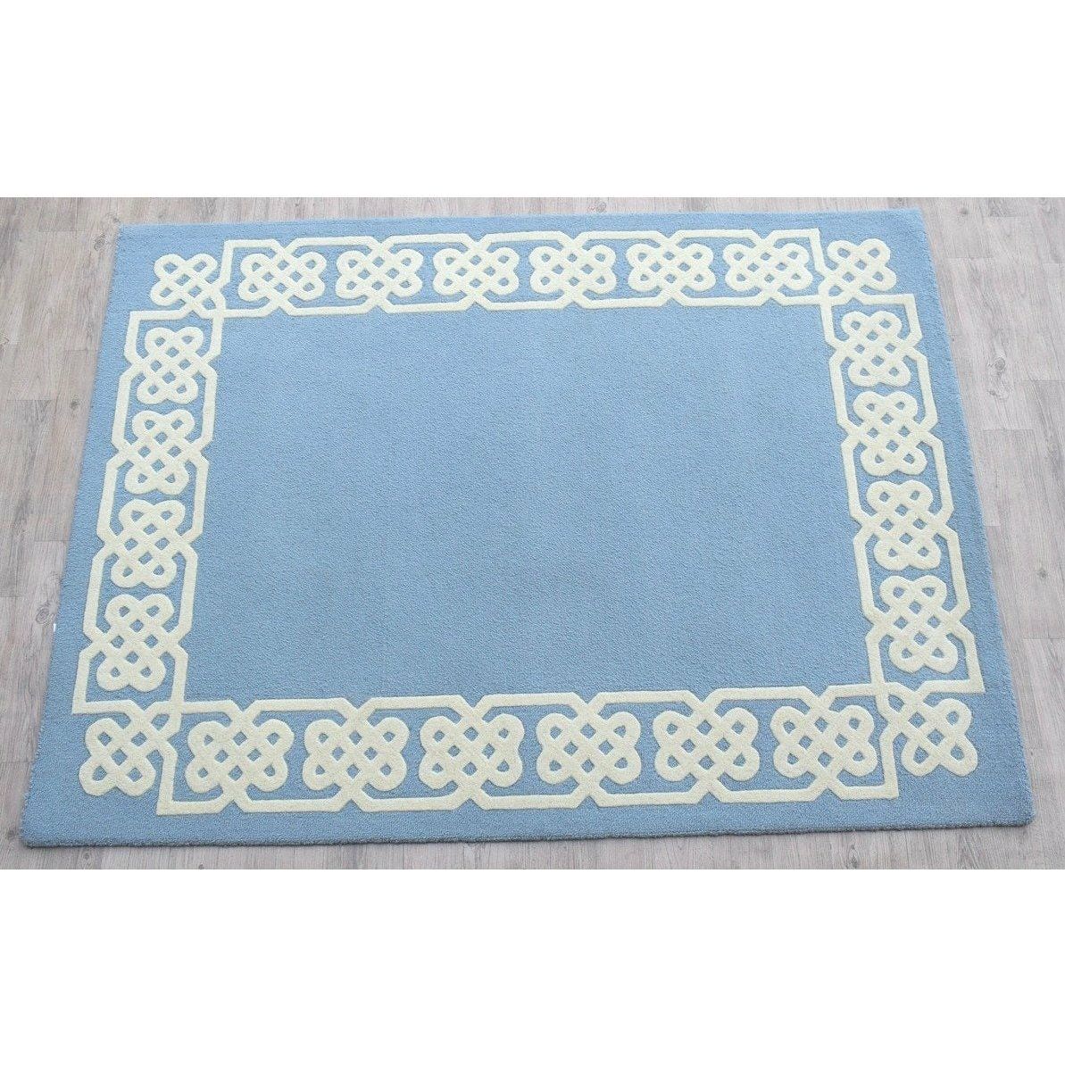 Hand-Tufted Blue Wool Area Rug with White Border – Modern Minimalist Carpet for Living Room, Bedroom & Home Décor