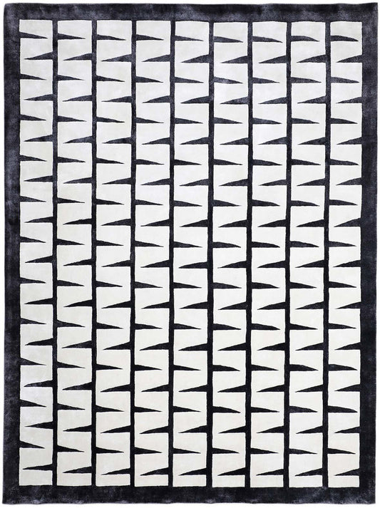 Modern Geometric Hand-Knotted Wool Rug | Black & Ivory Contemporary Area Carpet | Minimalist Handmade Living Room & Bedroom Decor