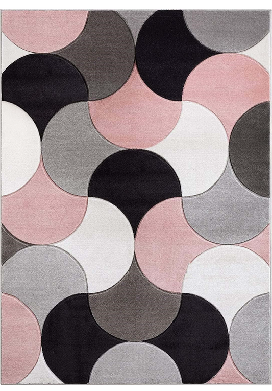 Modern Circle Pattern Area Rug – Pink, Grey & Black Abstract Carpet for Living Room & Bedroom