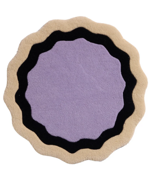 Whimsical Wavy Edge Round Rug – Hand-Tufted Purple, Black & Beige Modern Carpet for Living Room, Bedroom, or Nursery Décor