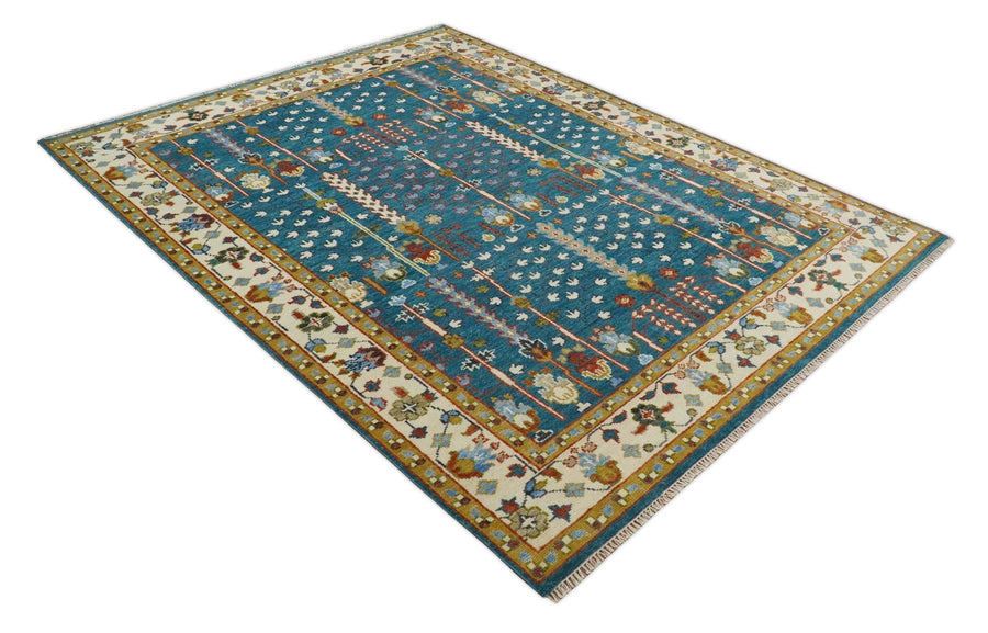 Hand-Knotted Oushak Rug in Teal Blue – Authentic Turkish Wool Oriental Carpet