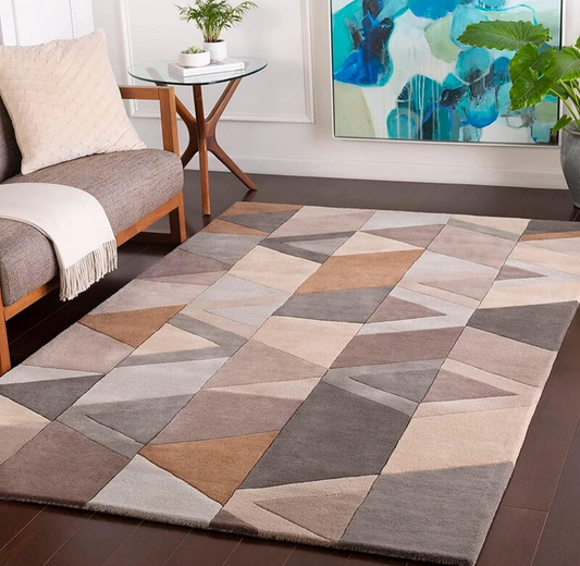 Modern Geometric Area Rug – Hand-Tufted Soft Wool Carpet in Neutral Beige, Brown & Grey Tones for Living Room & Bedroom Decor