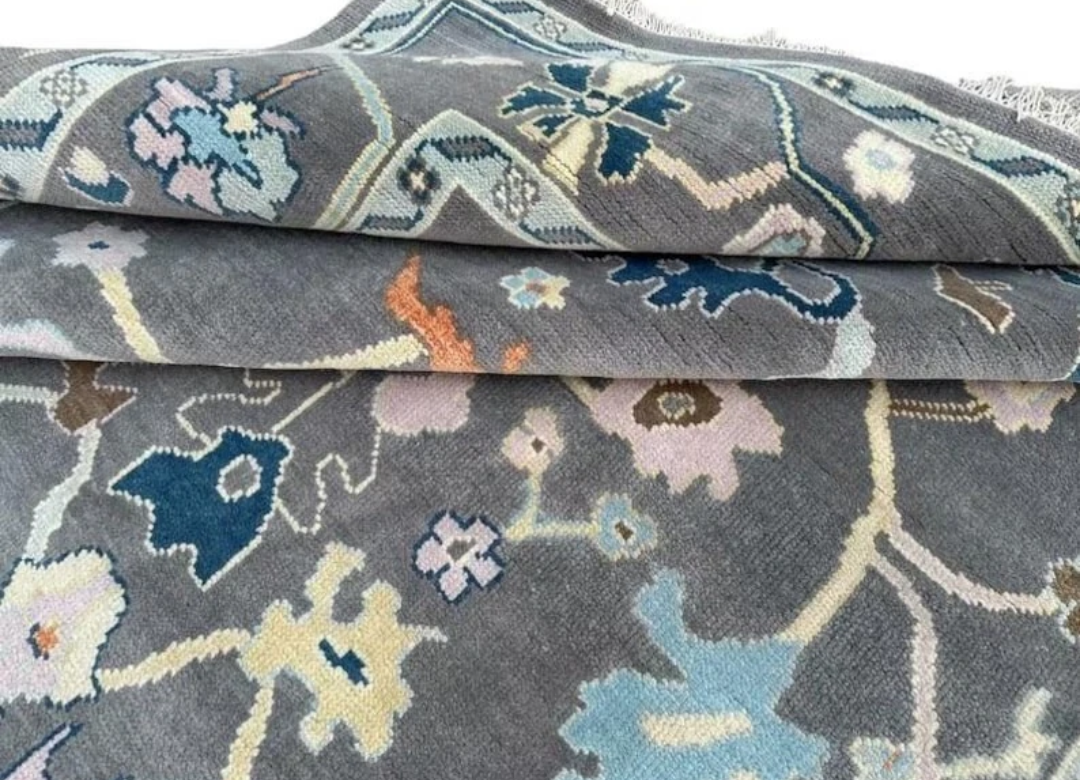 Modern Hand Knotted Oushak Rug – Grey & Blue Wool Area Carpet | Turkish Pastel Floral Design