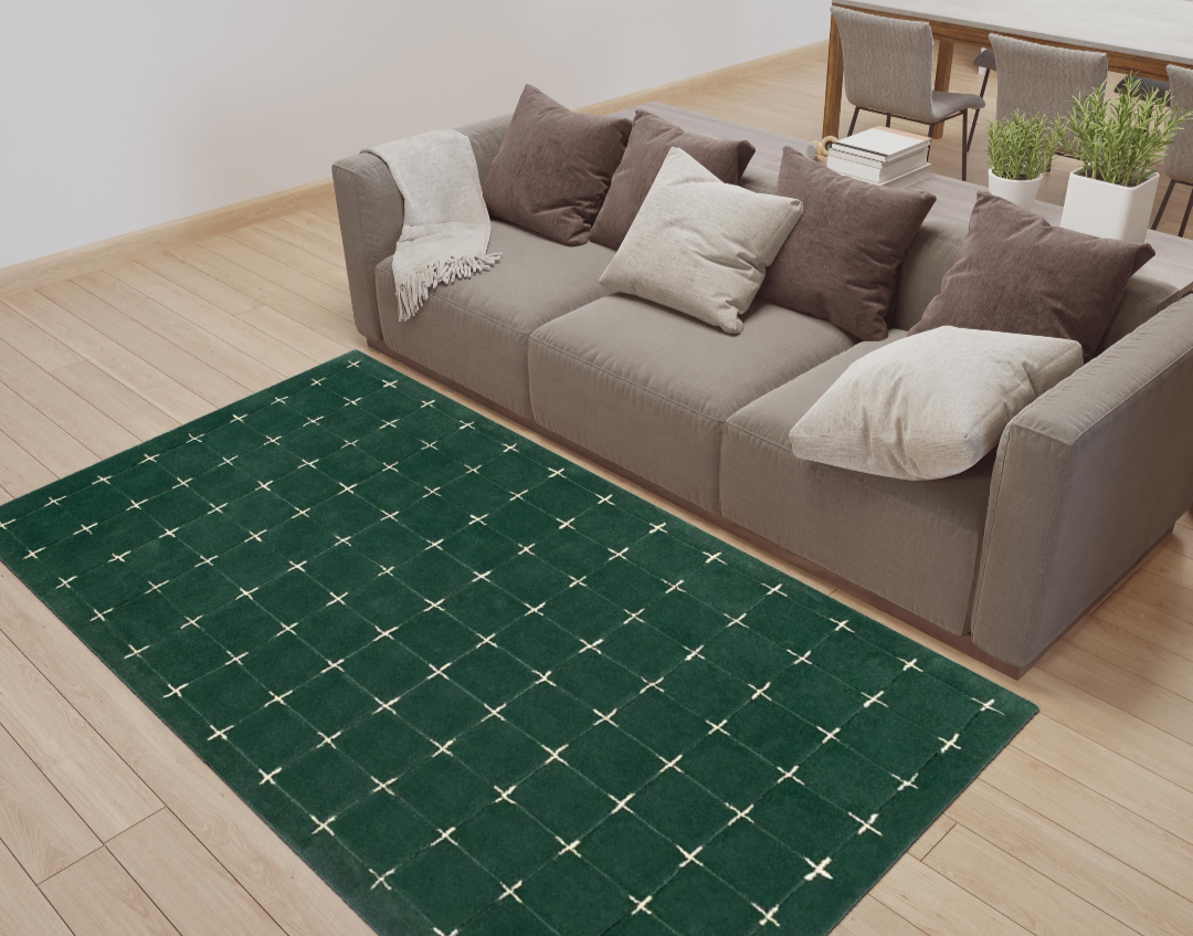 Modern Green Grid Area Rug with Cross Stitch Pattern – Minimalist Geometric Carpet for Living Room, Bedroom & Contemporary Home Décor