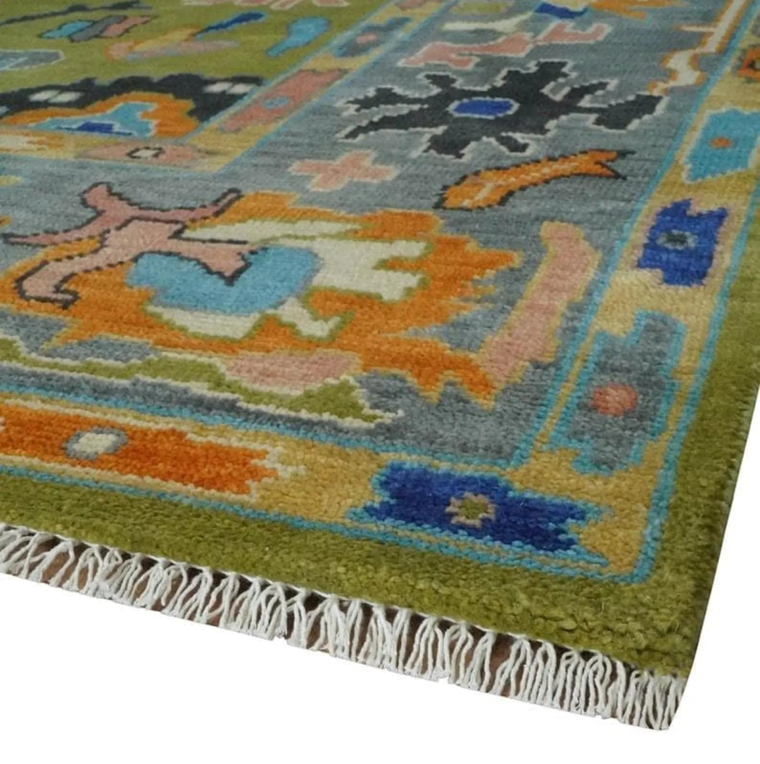 Hand-Knotted Oushak Rug – Olive Green Wool Area Rug with Colorful Tribal Motifs, Turkish Oriental Design