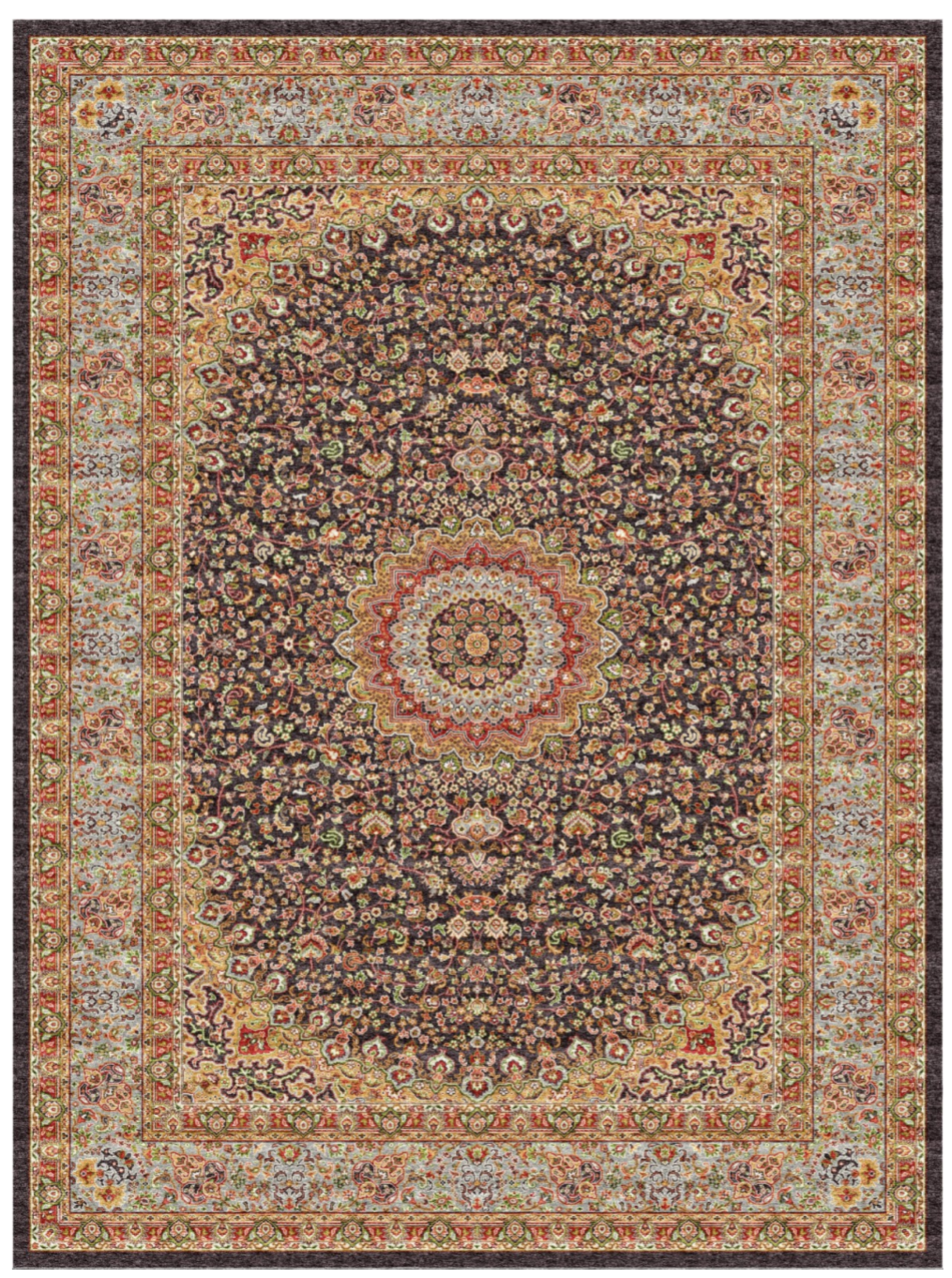 Luxury Persian Silk Rug with Grand Medallion Design – Dark Floral Decorative Carpet