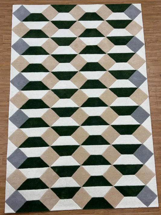 Modern Geometric Wool Area Rug – 3D Illusion Diamond Pattern Carpet in Green, Beige & Grey for Living Room, Bedroom & Contemporary Home Decor