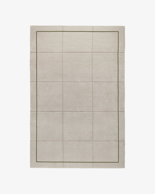 Minimalist Hand Tufted Wool Area Rug, Ivory Beige Rug with Olive Green Border, Modern Neutral Living Room Carpet, Contemporary Bedroom Rug, Custom Size Rug