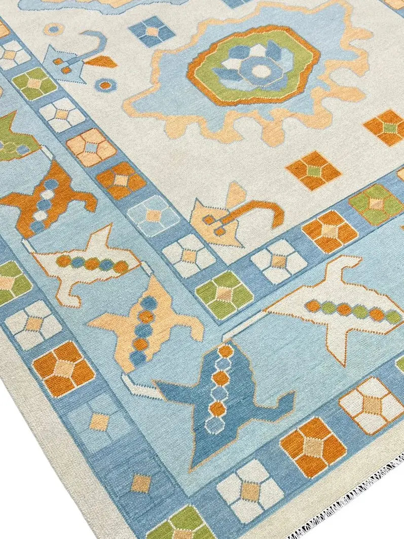 Hand Knotted Oushak Rug – Pastel Blue Turkish Wool Vintage Medallion Area Carpet