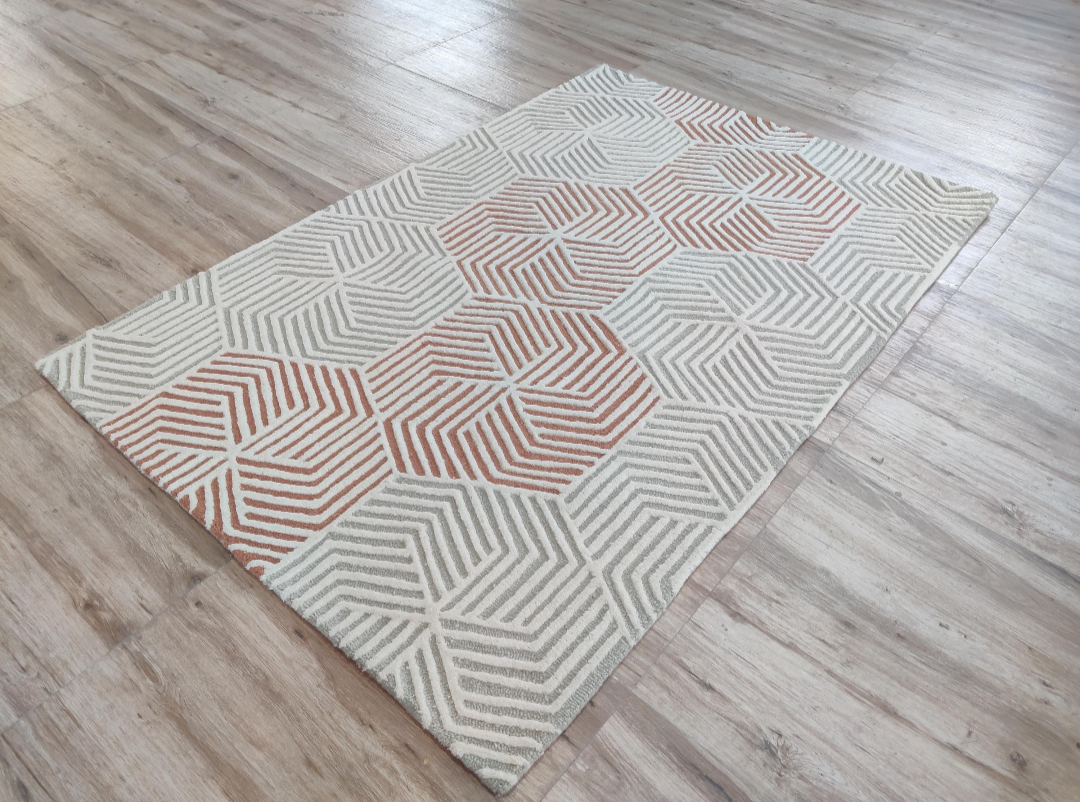 Handmade Geometric Wool Rug | Modern 3D Cube Pattern Area Carpet | Orange & Grey Contemporary Floor Rug for Living Room, Bedroom & Office