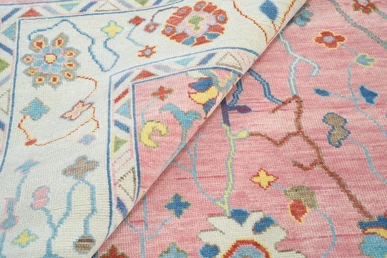 Hand Knotted Pink Oushak Rug – Modern Turkish Wool Area Rug | Soft Pastel Oriental Carpet, Boho Chic Living Room & Bedroom Decor