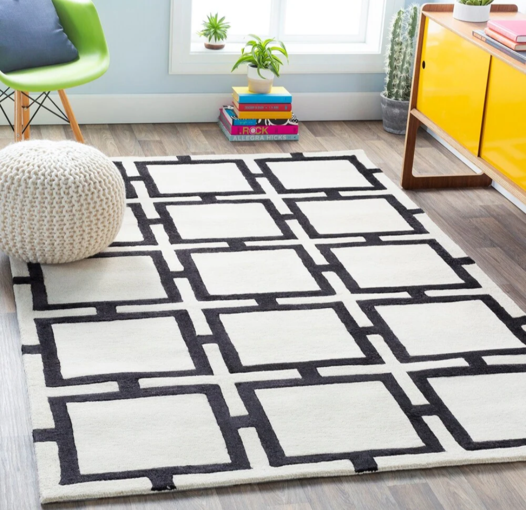 Black and White Geometric Square Pattern Area Rug – Modern Minimalist Carpet for Living Room, Bedroom & Office Décor