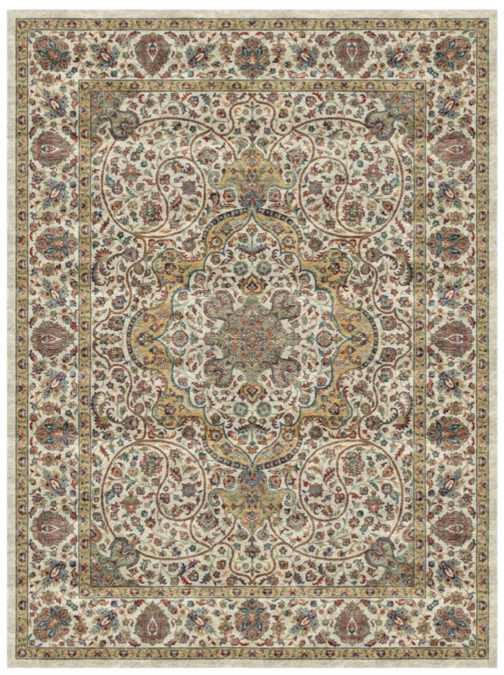 Luxury Persian Silk Rug with Intricate Medallion Design – Elegant Ivory Floral Decorative Carpet