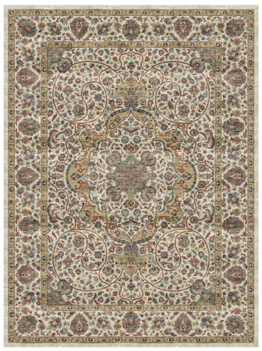 Luxury Persian Silk Rug with Intricate Medallion Design – Elegant Ivory Floral Decorative Carpet