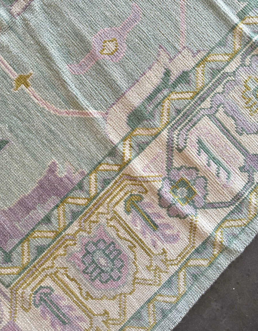 Hand Knotted Oushak Rug – Aqua Blue Pastel Turkish Wool Vintage Area Carpet