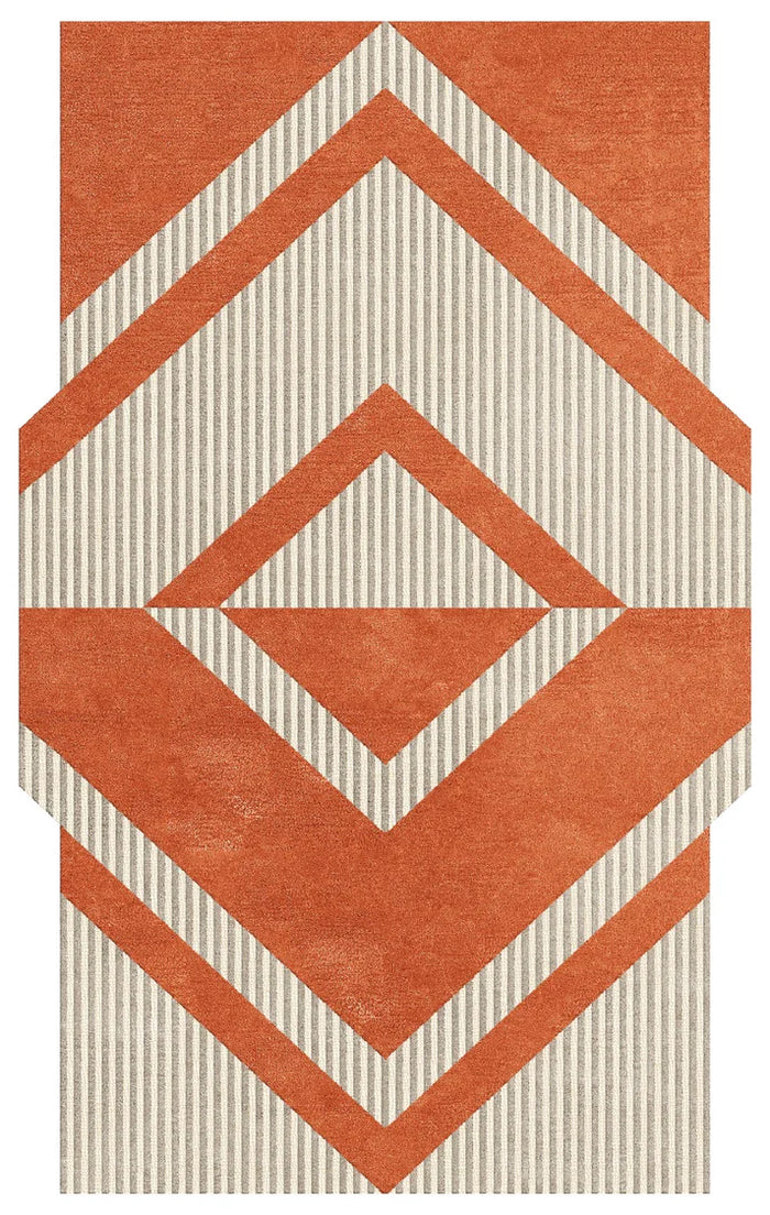 Modern Geometric Orange & Cream Area Rug – Hand Tufted Striped Diamond Pattern Carpet for Living Room, Bedroom & Contemporary Home Décor