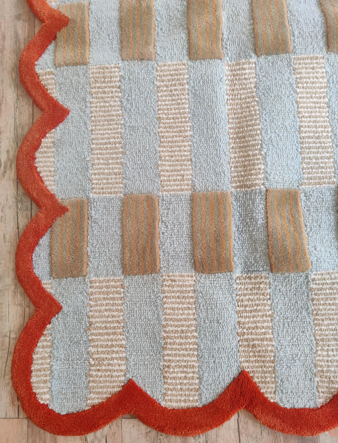 Handmade Wool Checkered Rug | Modern Blue & Beige Striped Area Carpet with Red Scalloped Border | Contemporary Designer Floor Rug for Living Room & Bedroom