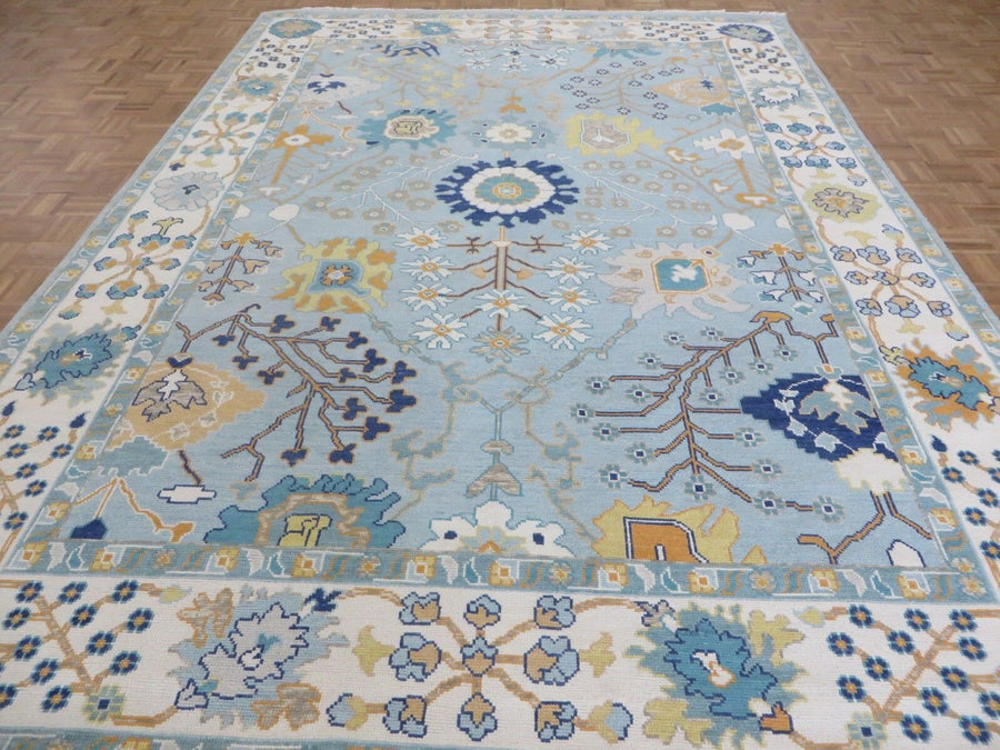Luxury Hand-Knotted Oushak Rug – Sky Blue Turkish Wool Carpet with Floral Motifs