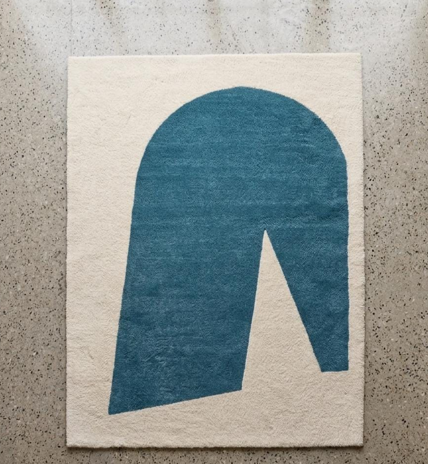 Modern Geometric Hand Tufted Rug – Luxury Cream & Teal Abstract Area Rug, Scandinavian Minimalist Wool Carpet, Contemporary Living Room Decor Rug
