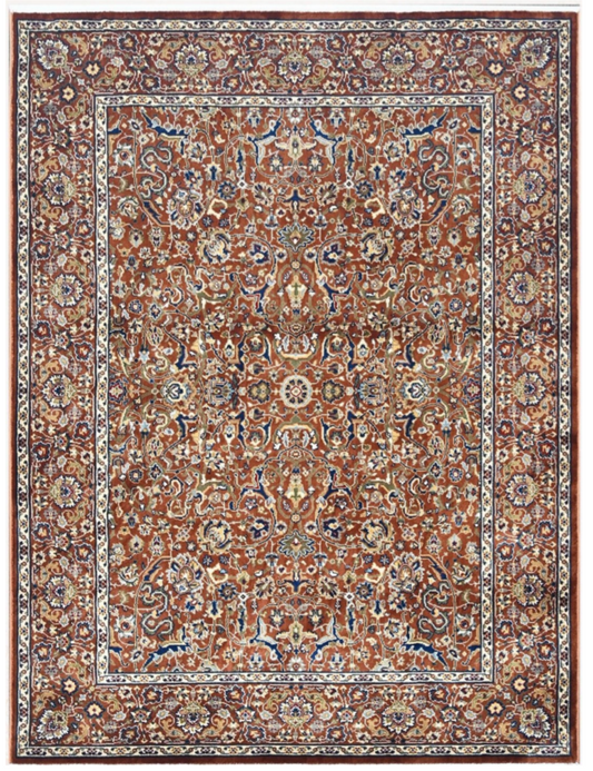 Luxury Persian Silk Rug – Rust Red & Navy Oriental Floral Medallion Carpet for Living Room