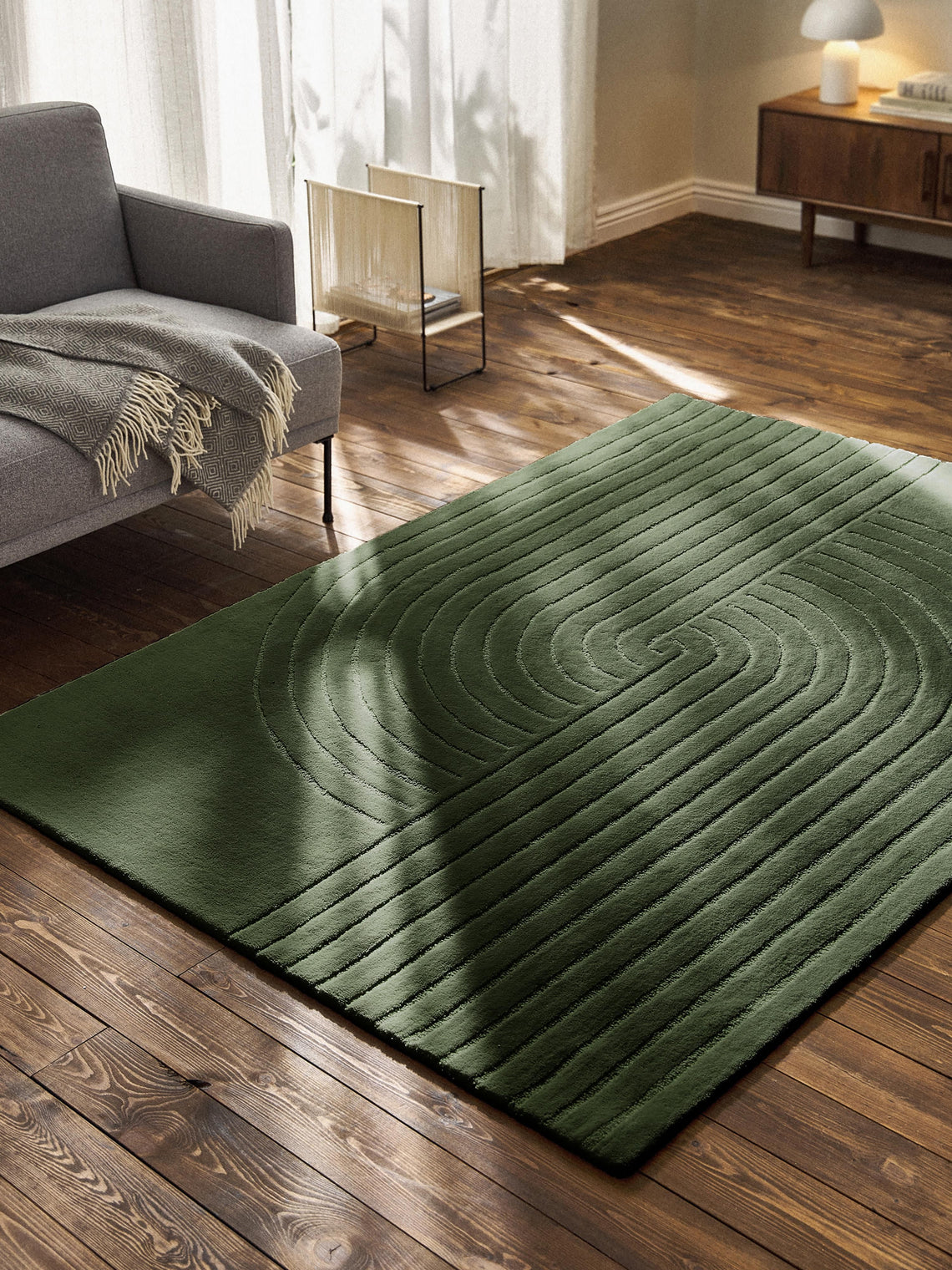Modern Green Hand-Tufted Area Rug – Minimalist Textured Carpet for Living Room & Bedroom, Soft Velvet Finish