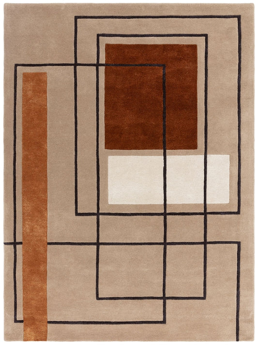 Modern Geometric Area Rug – Hand-Tufted Wool Carpet in Beige, Brown & Black with Overlapping Rectangle Design for Living Room, Bedroom & Office Decor