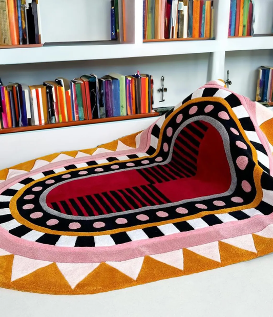Bold Abstract Geometric Area Rug – Hand Tufted Pink, Red, Black & Mustard Modern Art Carpet for Living Room, Bedroom & Creative Spaces
