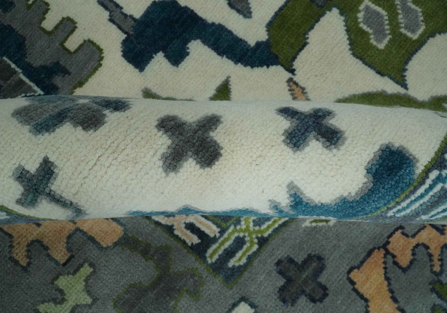 Handknotted Oushak Rug – Genuine Turkish Wool Oriental Carpet | Modern Blue & Green Floral Design