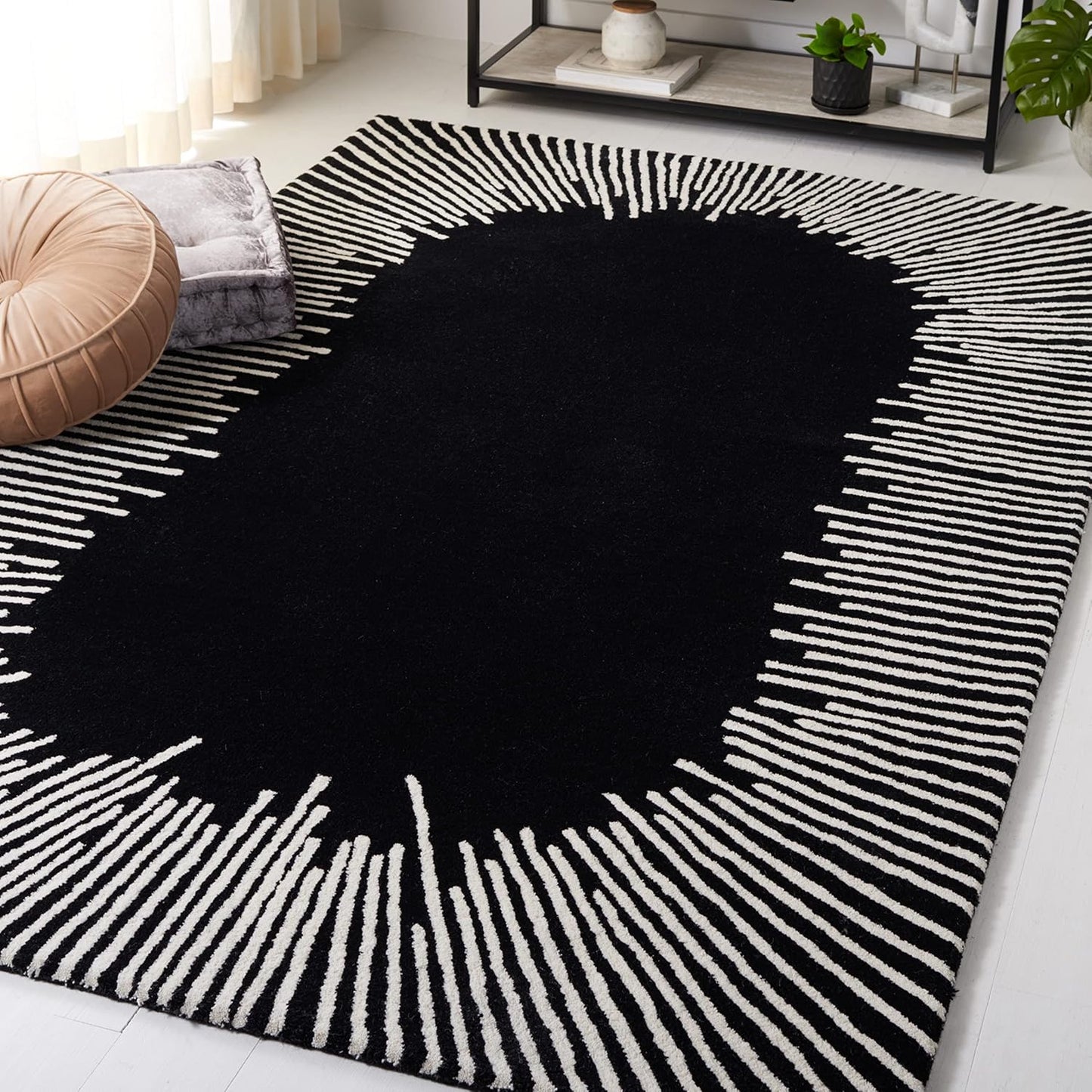 Modern Black and White Sunburst Area Rug | Contemporary Hand-Tufted Carpet for Living Room, Bedroom & Office Décor