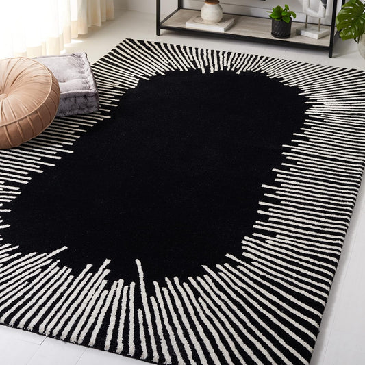 Modern Black and White Sunburst Area Rug | Contemporary Hand-Tufted Carpet for Living Room, Bedroom & Office Décor