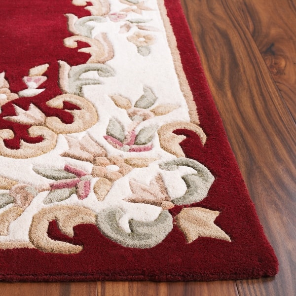 Red Aubusson Area Rug – Handcrafted Wool Carpet with Floral Border for Living Room & Bedroom Décor