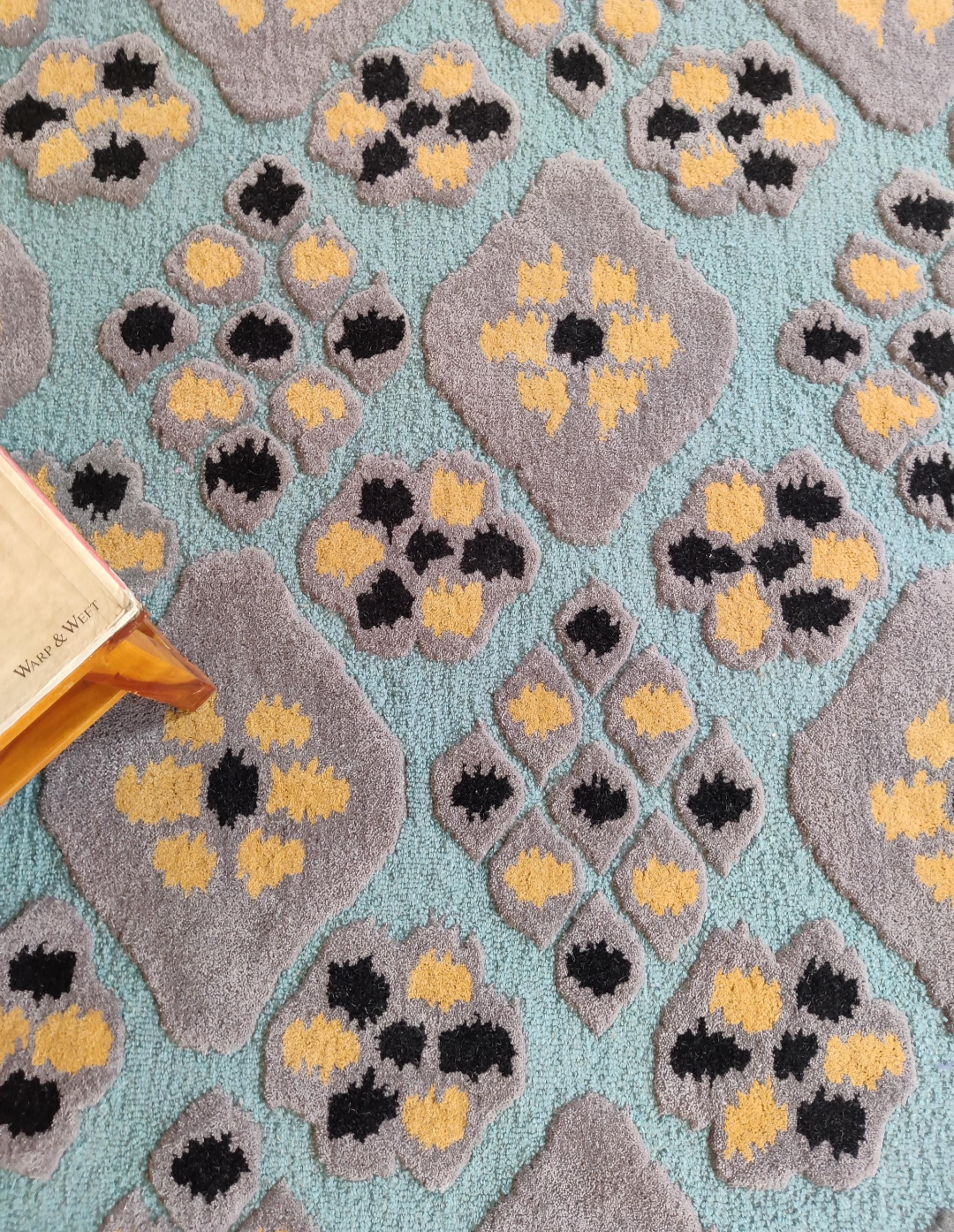 Handmade Wool Geometric Rug | Modern Blue & Grey Area Carpet with Yellow Accents | Contemporary Abstract Pattern Floor Rug for Living Room & Bedroom