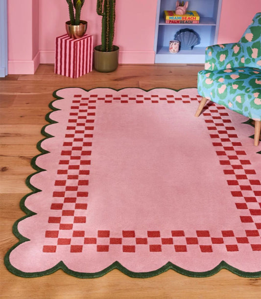 Pink Scalloped Edge Checkered Rug – Retro Aesthetic Handmade Carpet for Living Room, Nursery or Bedroom